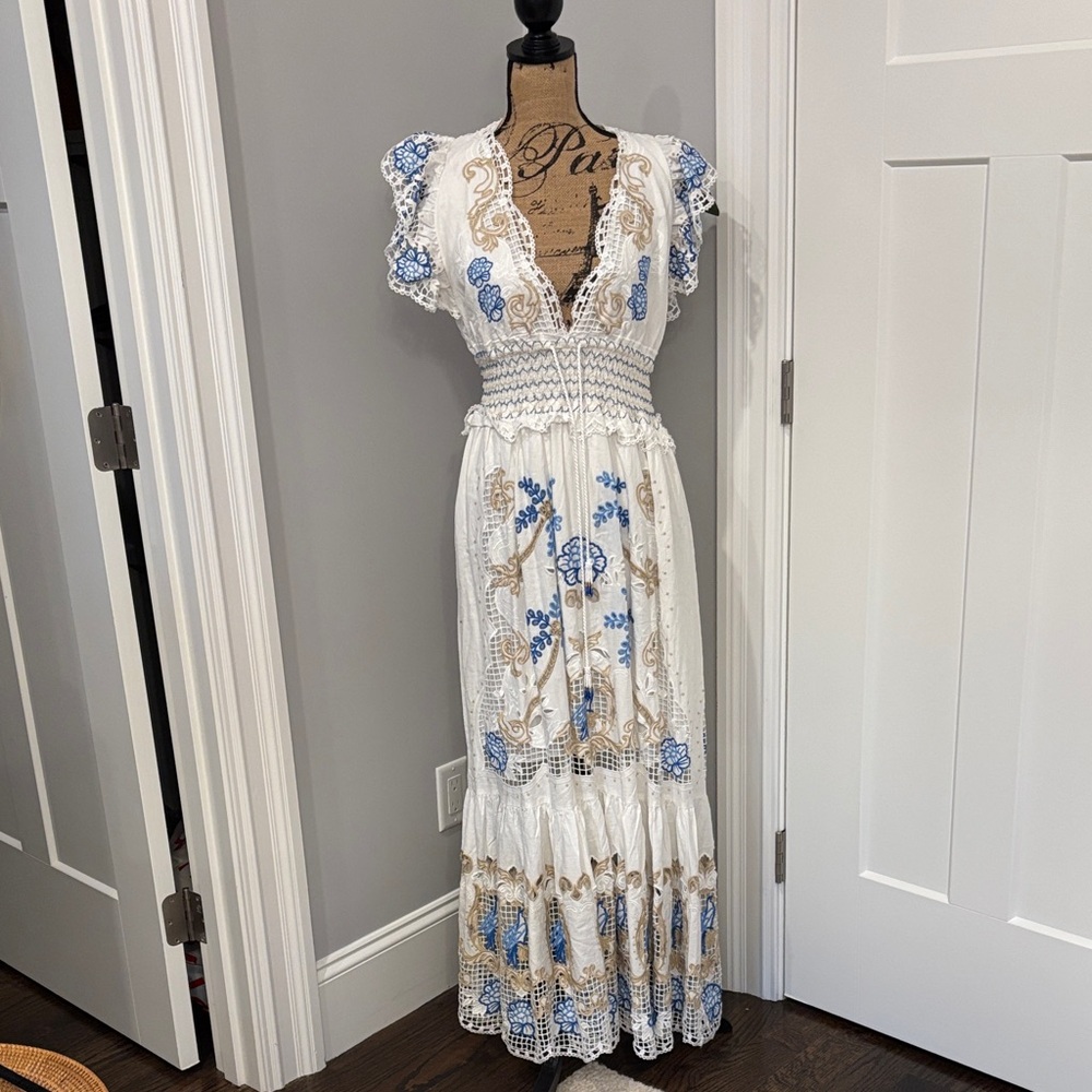 FARM Rio NWT Elegant White and Blue Floral Lace Dress